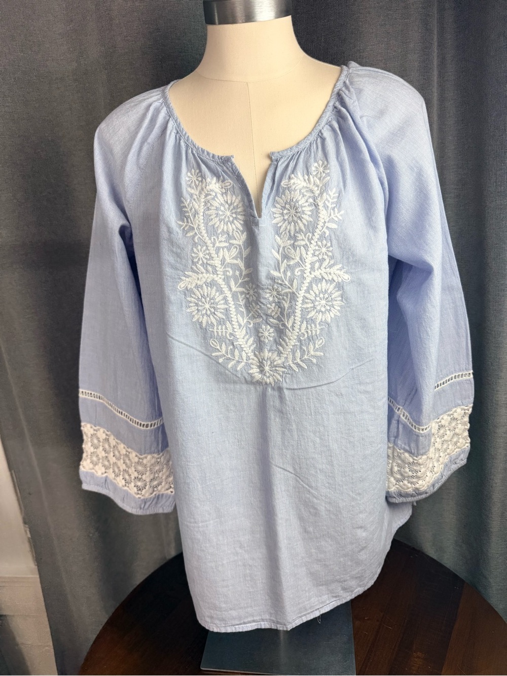 Tantrums Peasant Blouse Blue/Wht Embroidery L 100% Cotton